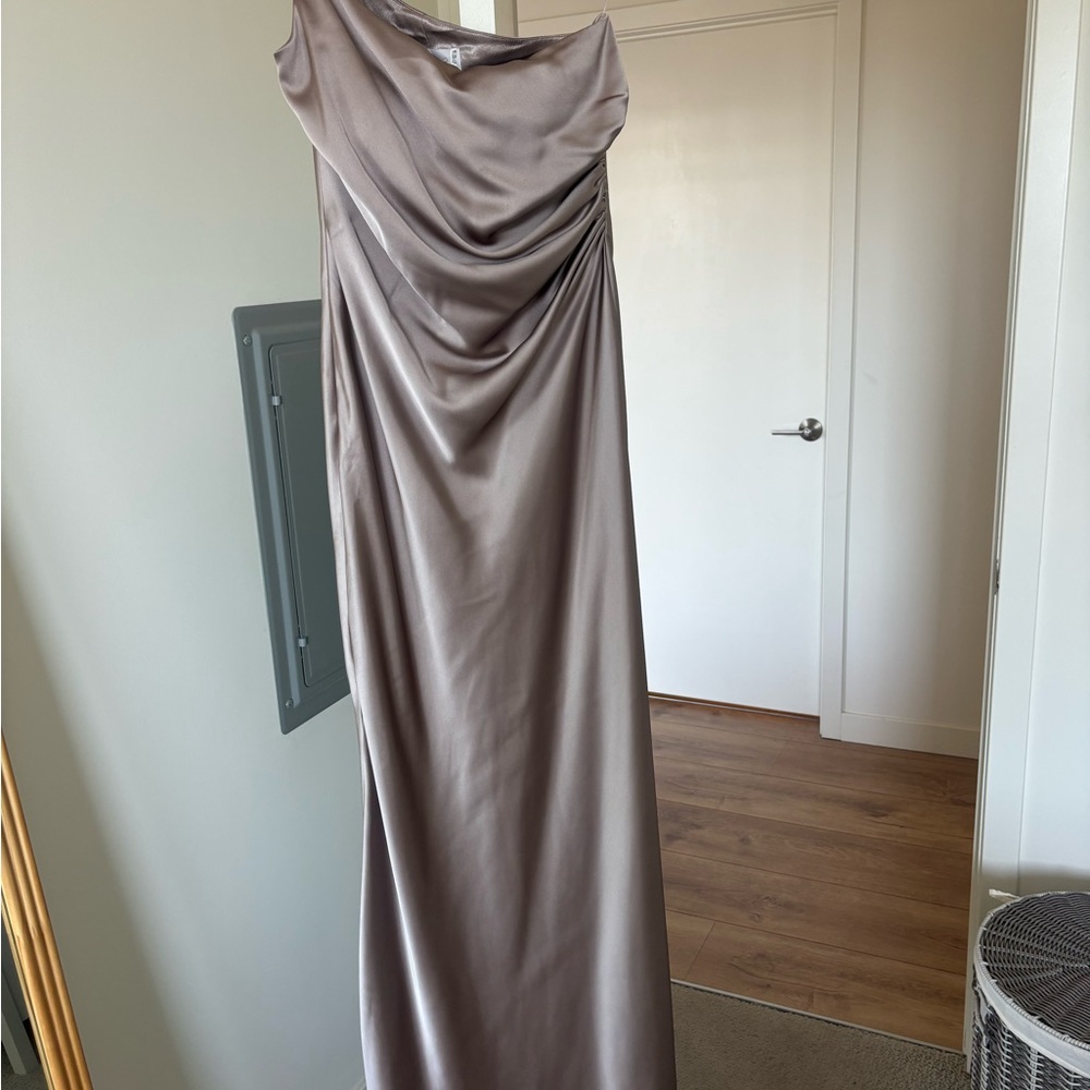 Revelry Jade Satin Dress in Taupe